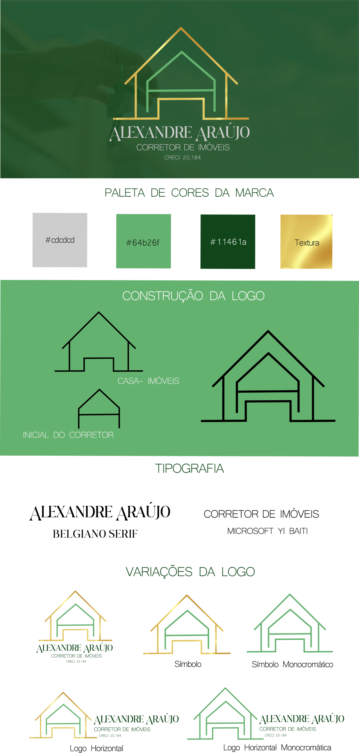 Explicação de identidade visual que foi feita para o corretor de imóveis, como tipografia, paleta de cores, logo, símbolo e algumas demonstrações visuais básicas